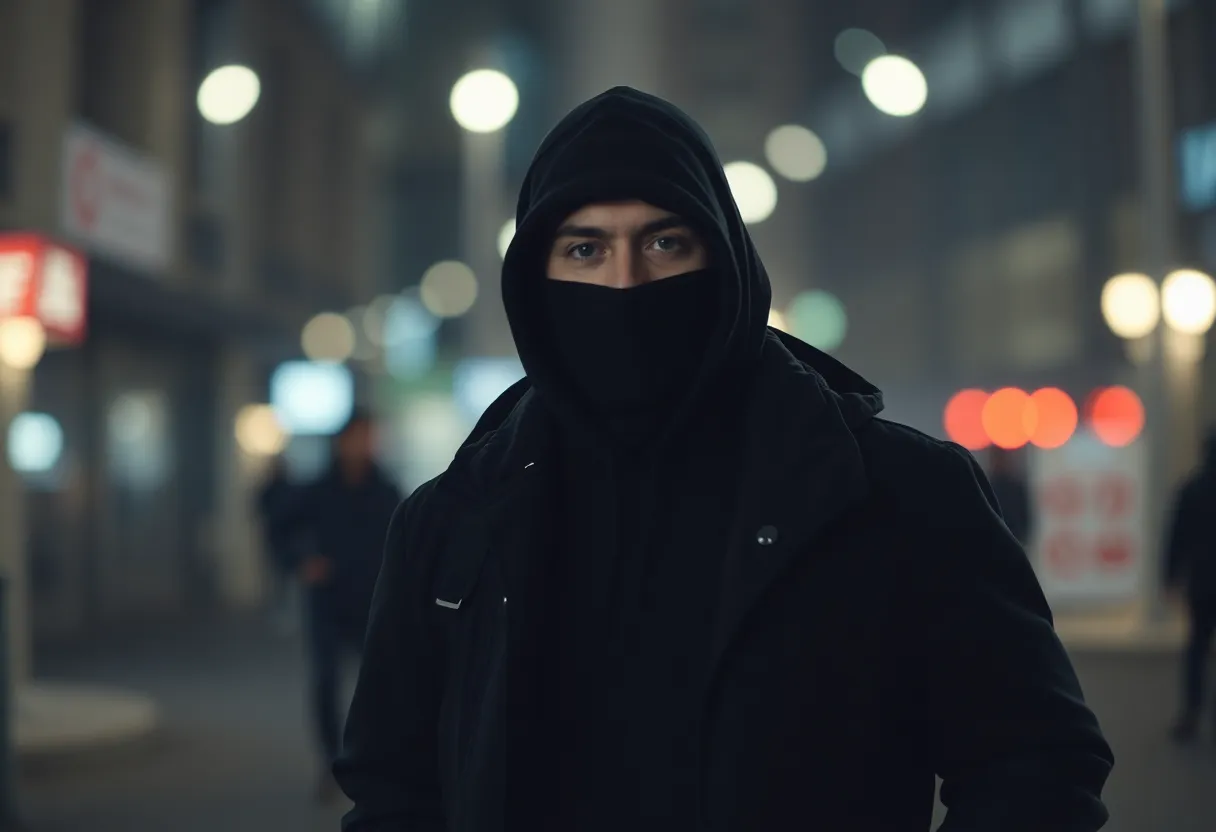 Surveillance image of a male suspect in black clothing