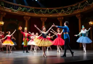 Dancers performing The Nutcracker ballet in a colorful setting