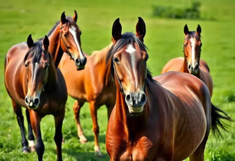 Retired Thoroughbred racehorses in a pasture at Kentucky Horse Park