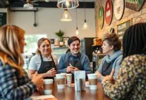 Employees at Third Street Stuff and Coffee discussing unionization in a cozy coffee shop setting