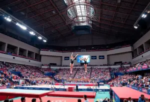 Gymnasts performing at the UK Blue-White Gymnastics Meet