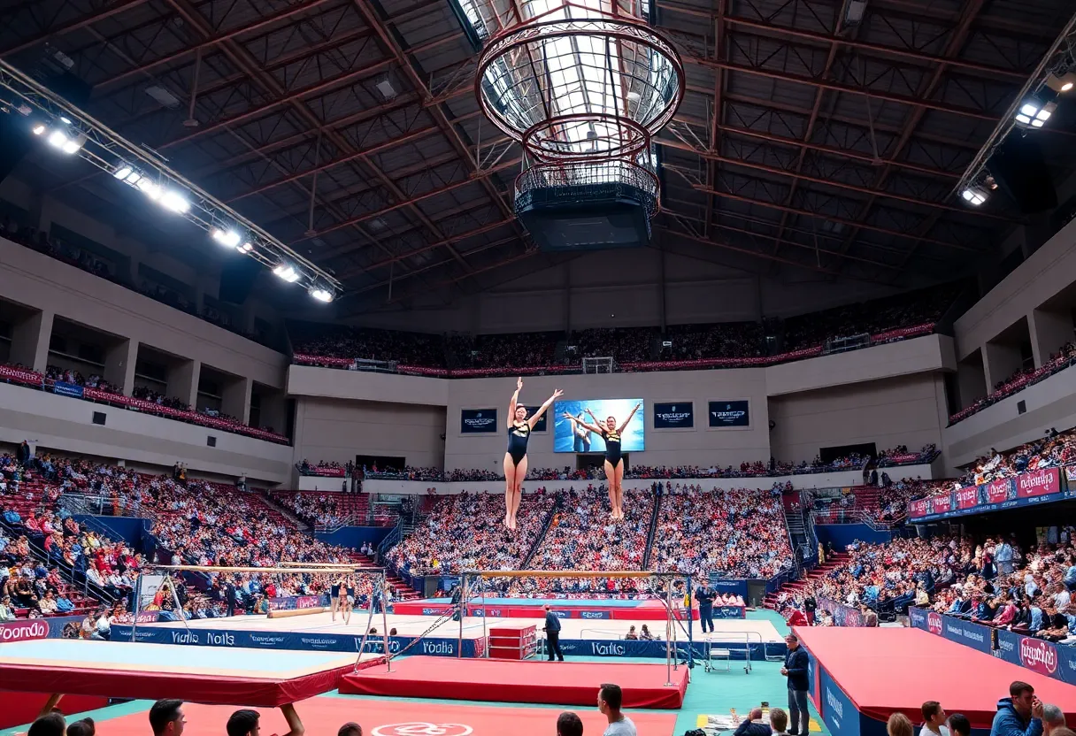 Gymnasts performing at the UK Blue-White Gymnastics Meet