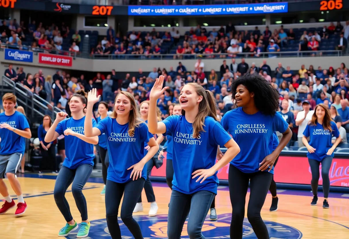 Dancers performing at UK Dance Day during a basketball game