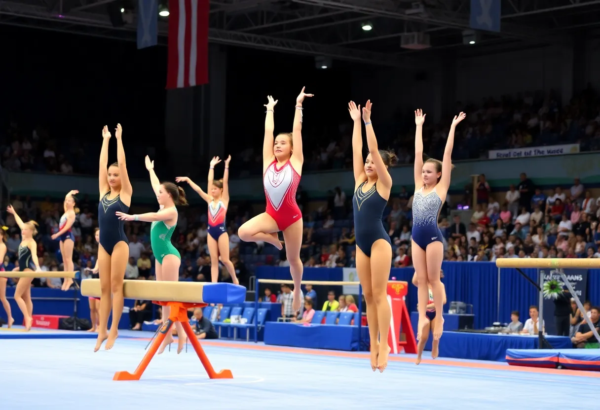 Gymnasts performing at the UK Blue-White Meet