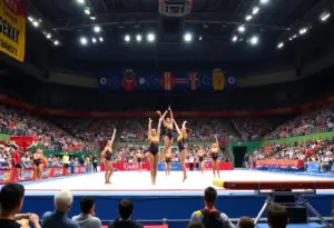 Athletes performing at the UK Gymnastics Blue-White Meet
