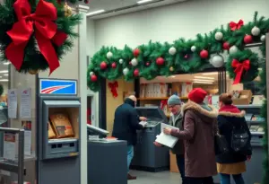 People at a USPS post office during the holiday season mailing packages.