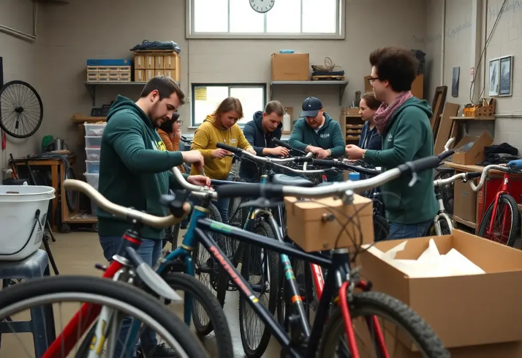 Volunteers repairing bicycles for children in Lexington