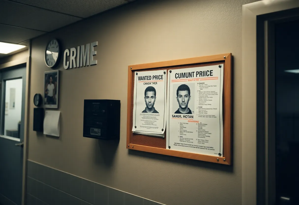 Wanted poster displayed in a police department for Conner Russell, wanted for robbery