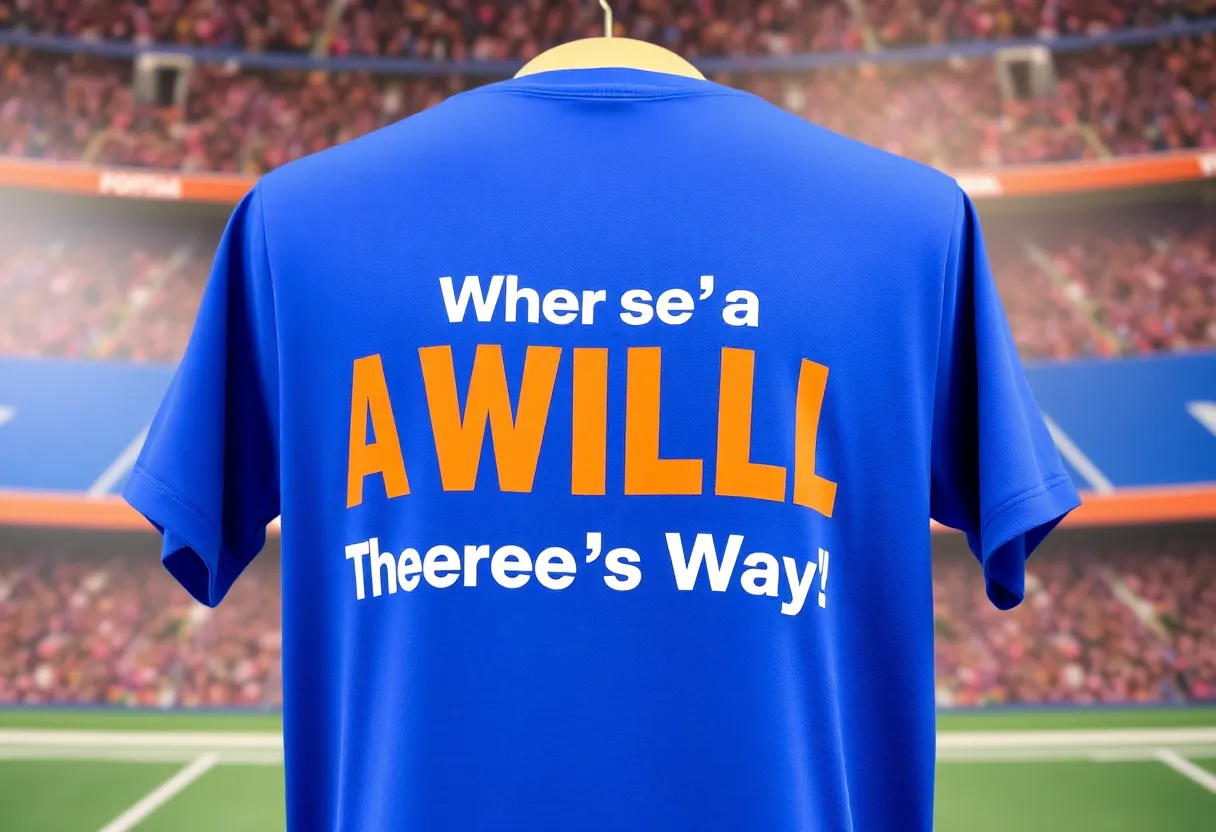 Blue t-shirt with slogan for Will Stein merchandise