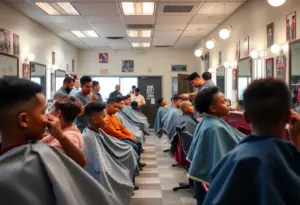 Students receiving haircuts in the Winburn Middle School barbershop