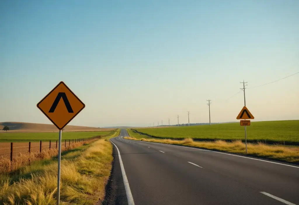 Scene of a rural road with caution signs indicating safety concerns
