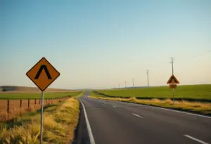 Scene of a rural road with caution signs indicating safety concerns