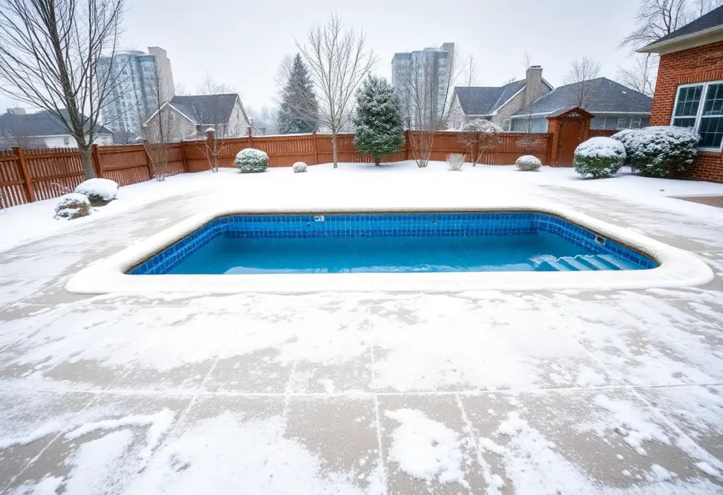 Swimming pool covered for winter in Lexington KY with snow around.