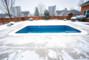 Swimming pool covered for winter in Lexington KY with snow around.