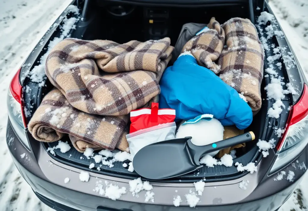 Car winterization and emergency kit preparation on snowy background