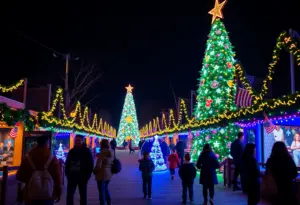 Families enjoying the Winter Village at Gatton Park in Lexington KY with a digital Christmas tree