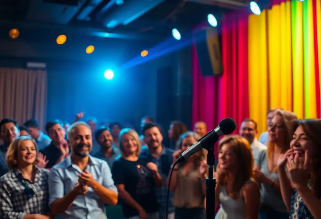 Audience enjoying a comedy show with bright lights and a microphone on stage