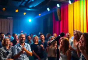 Audience enjoying a comedy show with bright lights and a microphone on stage