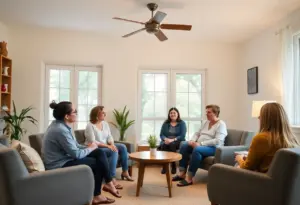 Group therapy session at an addiction recovery care center.