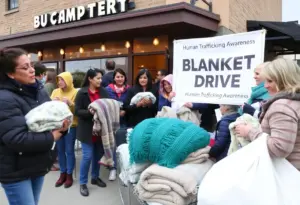 Community members donating blankets at DV8 Kitchen for human trafficking awareness.