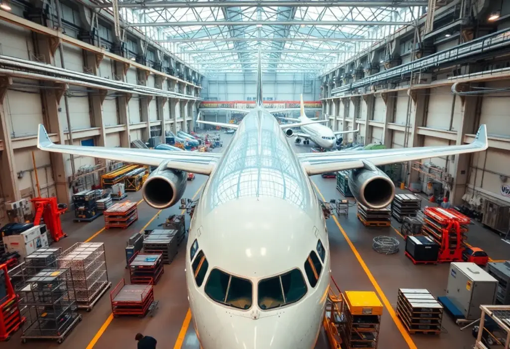 Boeing airplane assembly line showcasing airplanes in production.
