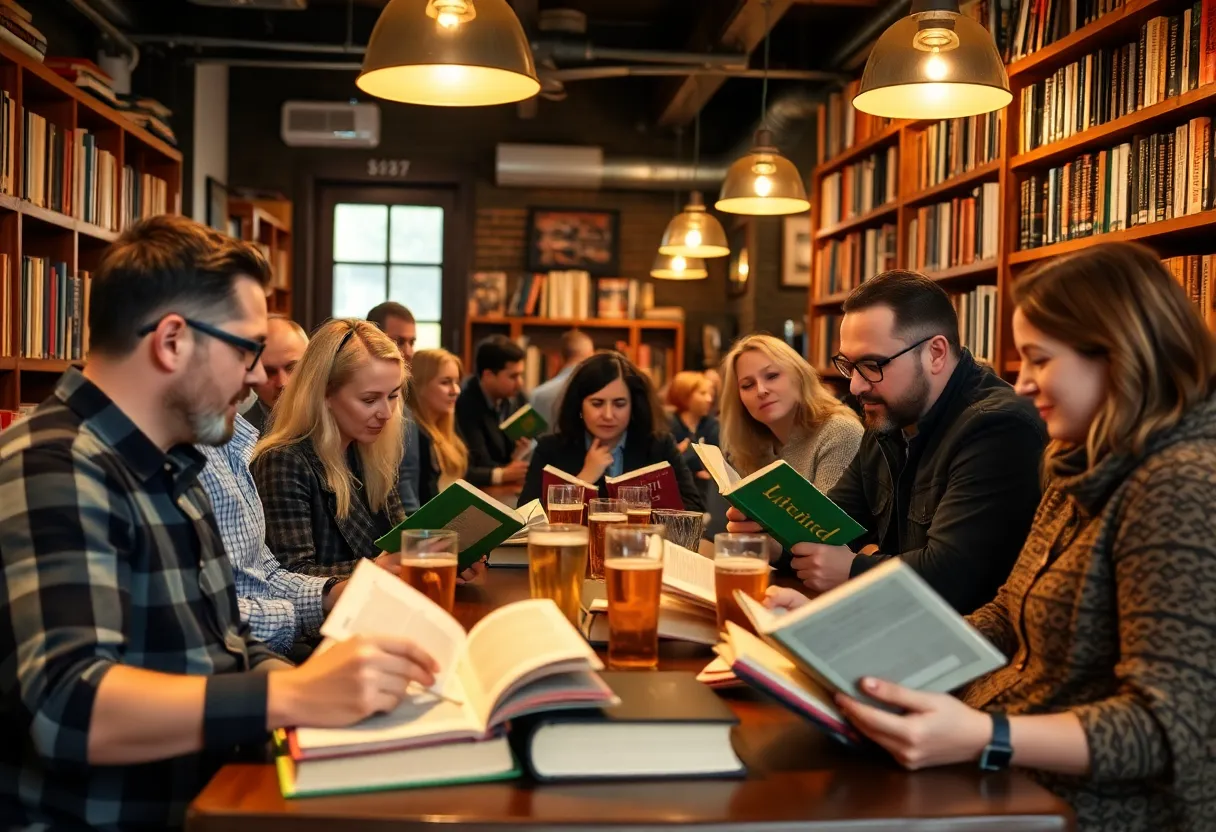 People reading in a cozy brewery environment during the Books in Bars event.