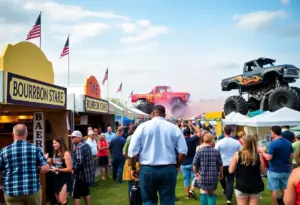 Scene from BourbonCon with distilleries and monster trucks.