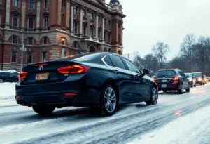 Car sliding on icy road near a building in winter
