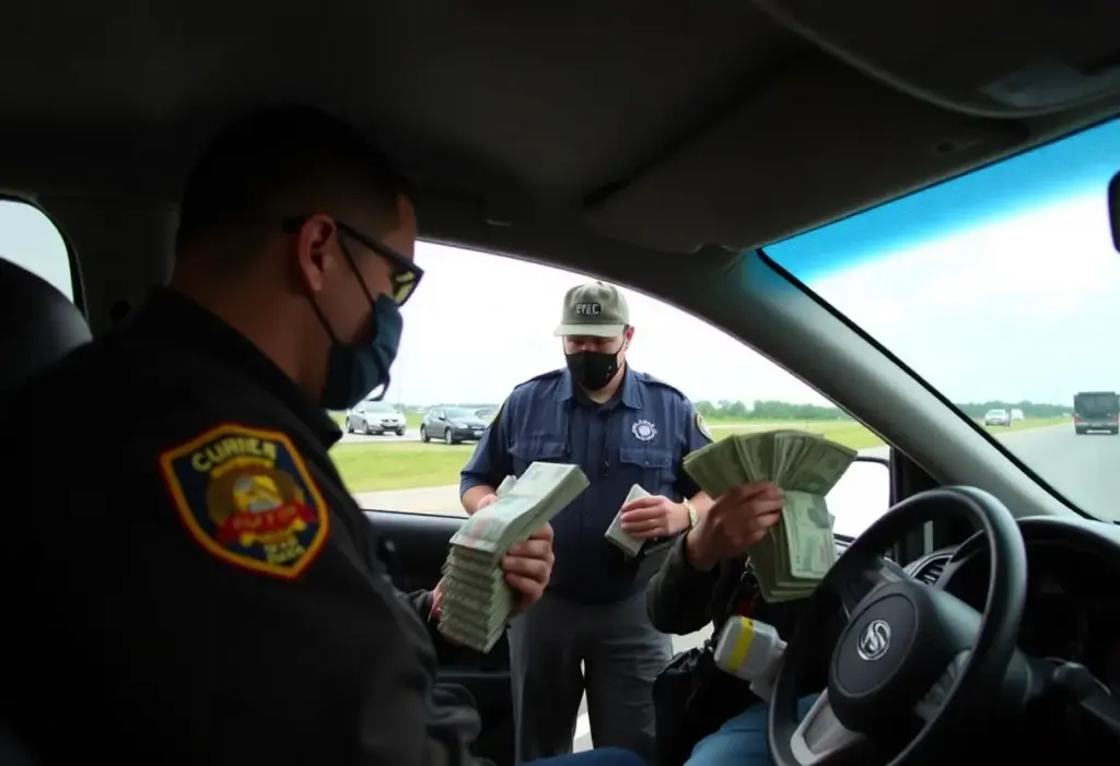 U.S. Customs and Border Protection officers at a border checkpoint in Lexington, Kentucky, during a cash seizure operation.