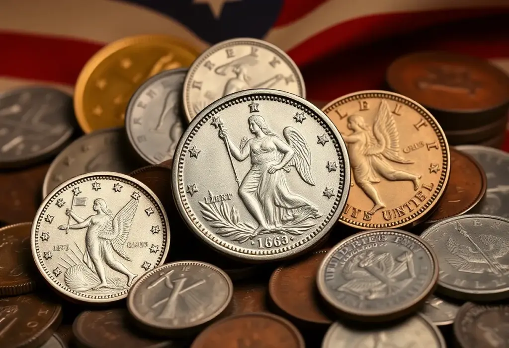 Display of Civil War-era coins including Liberty double eagles.