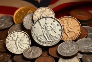 Display of Civil War-era coins including Liberty double eagles.
