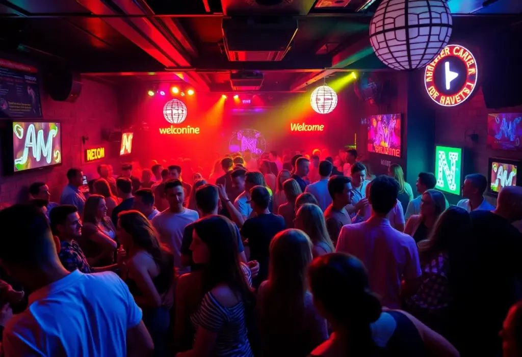 People socializing at a colorful nightclub event without substances