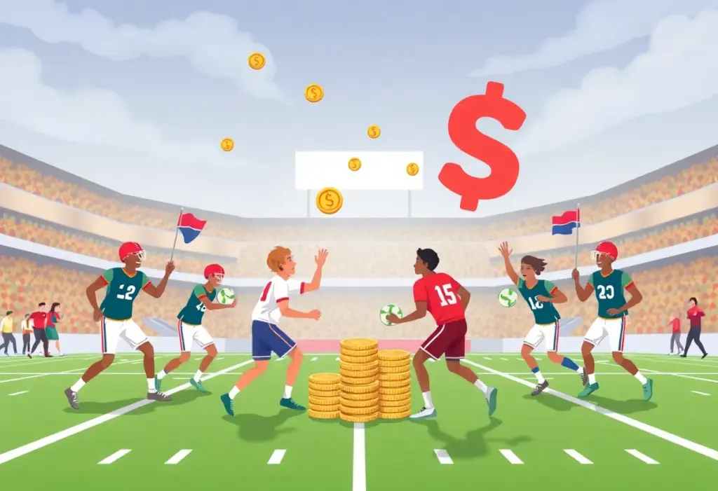 Illustration of college sports transformation depicting athletes receiving compensation
