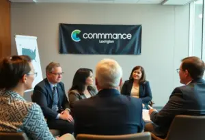 Professionals discussing during Commerce Lexington Executive Board meeting
