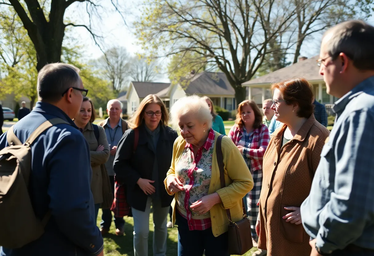 Volunteers searching in a neighborhood for a missing elderly woman
