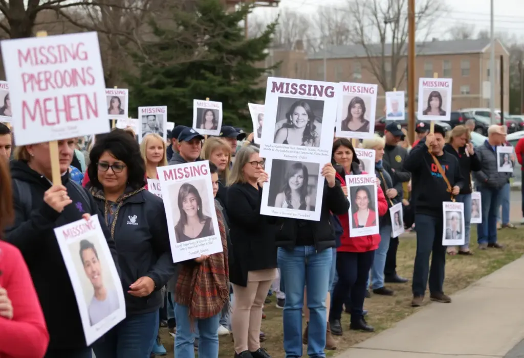 Community members gathering with signs for missing person awareness in Winchester, Kentucky
