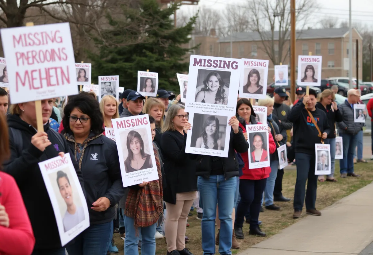 Community members gathering with signs for missing person awareness in Winchester, Kentucky