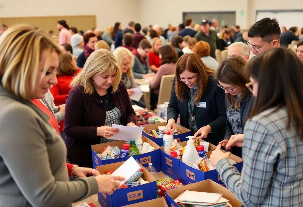 Volunteers assembling care packages for troops in a community center in Lexington.