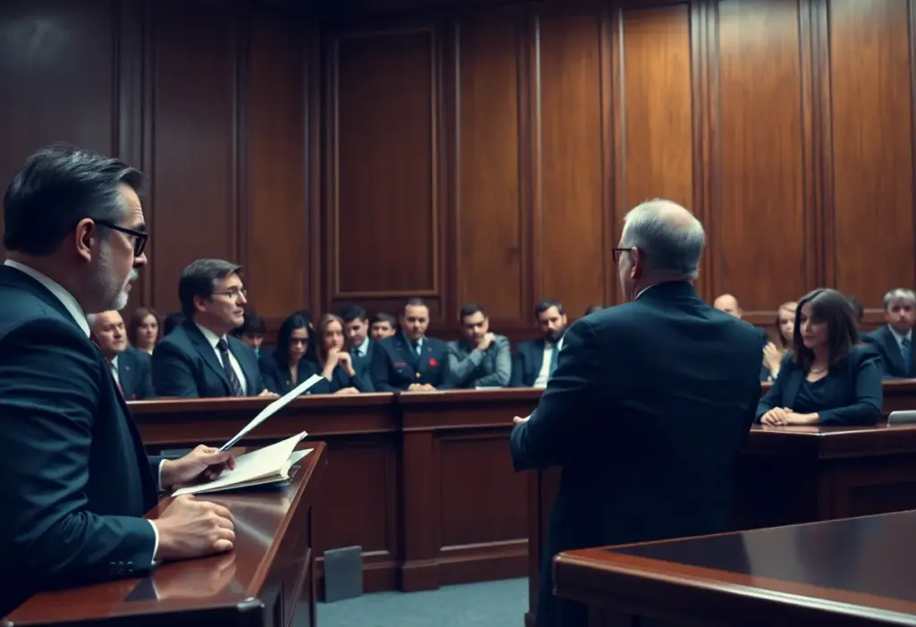 A courtroom setting during the Lexington murder trial with attorneys and jurors.