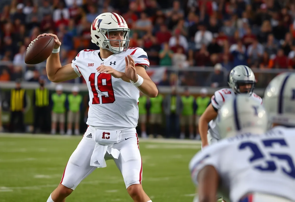 Quarterback executing a pass during a college football game