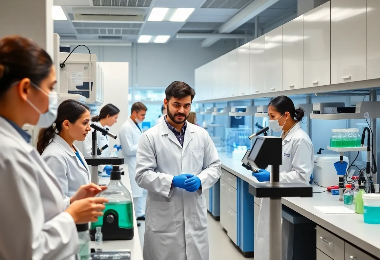 Advanced biotechnology lab featuring diverse researchers working on gene-editing technologies.