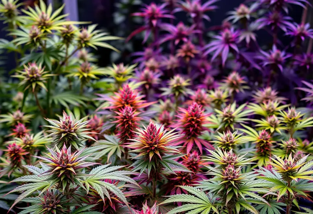 A garden showcasing various cannabis plants representing different genetics and ethical breeding practices.
