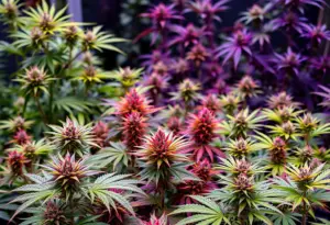 A garden showcasing various cannabis plants representing different genetics and ethical breeding practices.