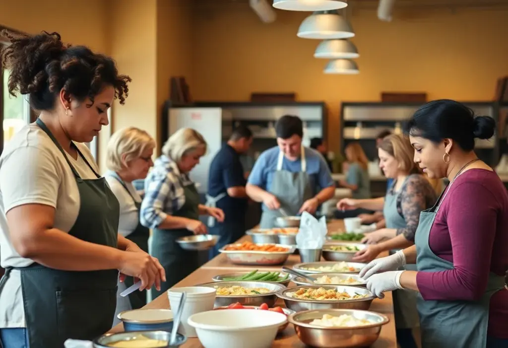People working together in a kitchen at DV8 Kitchen, promoting recovery and community support.