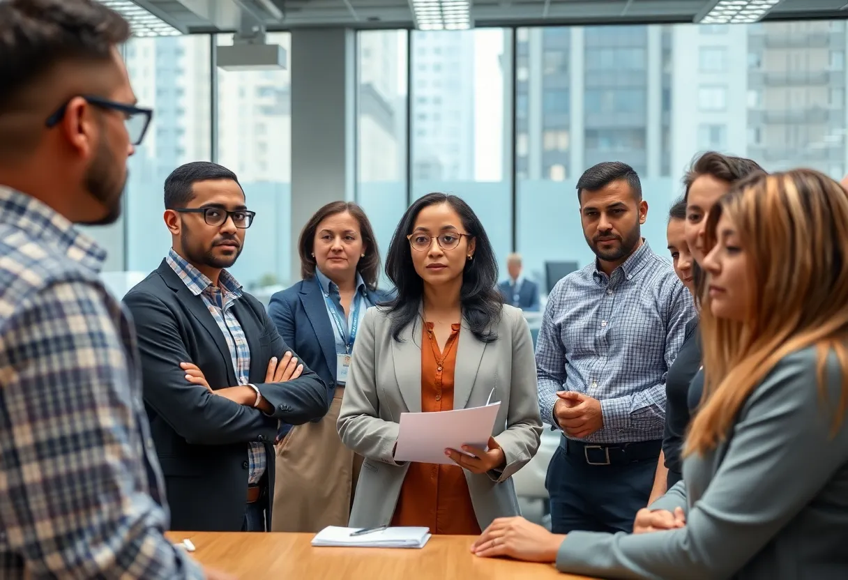 Workers discussing EEOC guidance in an office