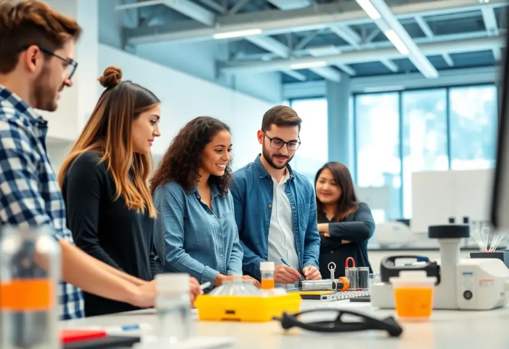 A group of diverse engineering students working together in a laboratory setting.