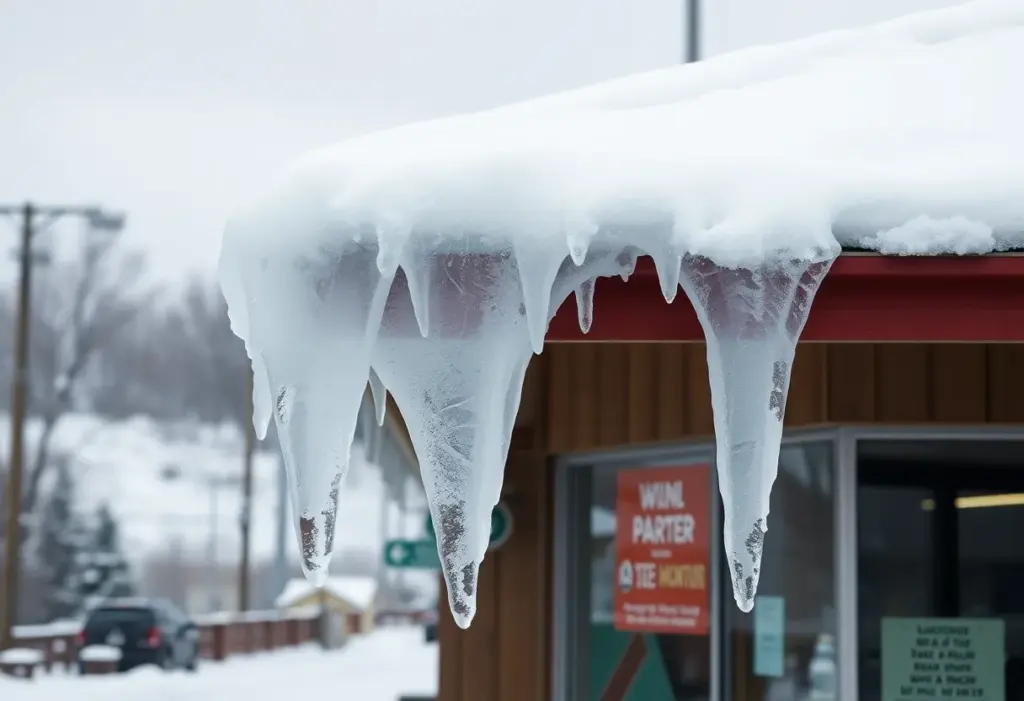 Large chunk of ice hanging from a roof