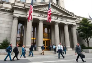 Courthouse with American flag symbolizing legal actions against fraud