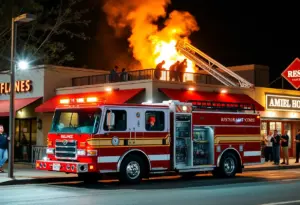 Firefighters extinguishing a roof fire at Chuy's Restaurant