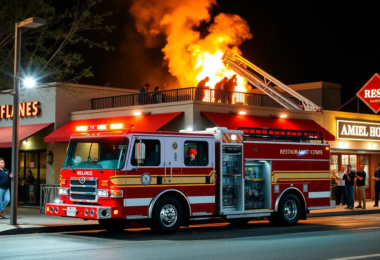 Firefighters extinguishing a roof fire at Chuy's Restaurant